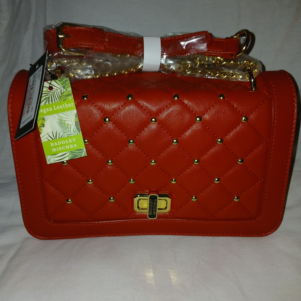 Badgley Mischka Red Quilted Leather Shoulder Bag